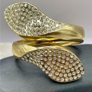 Gold Tone Rhinestone Incrusted Hinged Clamper Bracelet